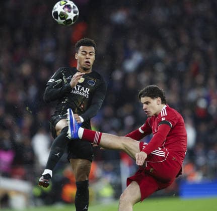 Liverpool v PSG, UEFA Champions League, Quater Final, 2nd Leg 14.04.26 Liverpool v PSG, UEFA Champions League, Quater Final, 2nd Leg Bradley Ormesher The Times Milos Kerkez of Liverpool and Desire Doue of PSG  Copyright: xBradleyxOrmesherx NINTCHDBPICT001073544743