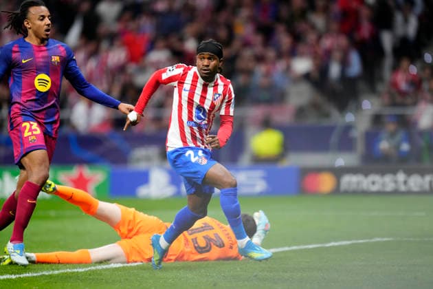 Atletico de Madrid v FC Barcelona, Barca - UEFA Champions League 2025 26 Quarter-Final Second Leg Ademola Lookman second striker of Atletico de Madrid and Nigeria celebrates after scoring his sides first goal during the UEFA Champions League 2025 26 Quarter-Final Second Leg match between Club AtlÃ tico de Madrid and FC Barcelona at Estadio Riyadh Air Metropolitano on April 14, 2026 in Madrid, Spain. Madrid Spain  Copyright: xJosexBretonx originalFilename:bretonhernandez-atletico260414_npbrJ.jpg