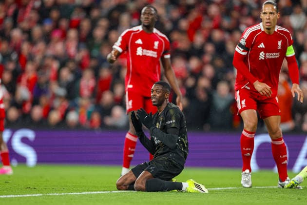 Football - UEFA Champions League - Quarter-Final - 2nd Leg - Liverpool FC v Paris Saint-Germain FC LIVERPOOL, ENGLAND - Tuesday, April 14, 2026: Paris Saint-Germain s Ousmane DembÃ lÃ reacts to his chance going over the bar during the UEFA Champions League Quarter-Final 2nd Leg match between Liverpool FC and Paris Saint-Germain FC at Anfield. (Photo by David Rawcliffe Propaganda) LIVERPOOL Anfield MERSEYSIDE ENGLAND  Copyright: xDavidxRawcliffex P2026-04-14-Liverpool_PSG-64