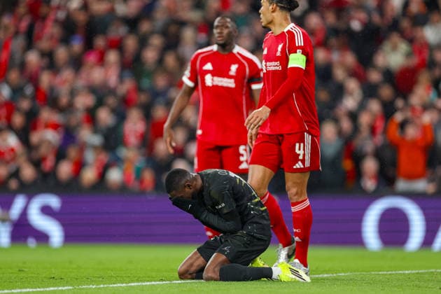 Football - UEFA Champions League - Quarter-Final - 2nd Leg - Liverpool FC v Paris Saint-Germain FC LIVERPOOL, ENGLAND - Tuesday, April 14, 2026: Paris Saint-Germain s Ousmane DembÃ lÃ reacts to his chance going over the bar during the UEFA Champions League Quarter-Final 2nd Leg match between Liverpool FC and Paris Saint-Germain FC at Anfield. (Photo by David Rawcliffe Propaganda) LIVERPOOL Anfield MERSEYSIDE ENGLAND  Copyright: xDavidxRawcliffex P2026-04-14-Liverpool_PSG-65