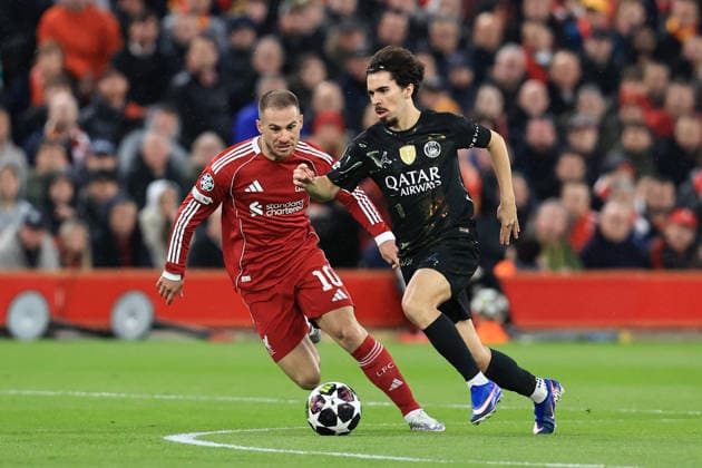 RECORD DATE NOT STATED 14th April 2026; Anfield, Liverpool, Merseyside, England; UEFA Champions League Football, Liverpool versus Paris Saint Germain; Warren Zaire-Emery of Paris Saint Germain takes on Alexis MacAllister of Liverpool DavidxBlunsden