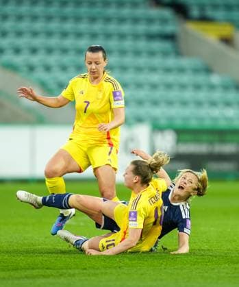Erin Cuthbert of Scotland Women tackled by Hannah Eurlings & Jarne Teulings of Belgium Women. Scotland Women v Belgium Women, FIFA 2027 Women s World Cup Qualifying, Football, Easter Road, Edinburgh, UK - 14 Apr 2026Edinburgh Easter Road United Kingdom EDITORIAL USE ONLY No use with unauthorised audio, video, data, fixture lists, club league logos or live services. Online in-match use limited to 120 images, no video emulation. No use in betting, games or single club league player publications. Copyright: xStuartxWallace Shutterstockx 16828526q