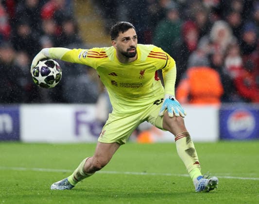 Liverpool, England, 14th April 2026. Giorgi Mamardashvili of Liverpool during the Liverpool vs Paris Saint Germain UEFA Champions League quarter final 2nd leg match at Anfield, Liverpool. Picture credit should read: Jessica Hornby Sportimage EDITORIAL USE ONLY. No use with unauthorised audio, video, data, fixture lists, club league logos or live services. Online in-match use limited to 120 images, no video emulation. No use in betting, games or single club league player publications. SPI_074_JH_Liverpool_PSG SPI-4687-0074