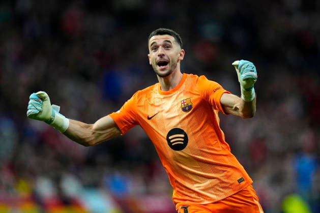ESP: Atletico de Madrid - FC Barcelona, Barca UEFA Champions League. Quarter-Finals, second leg. Joan Garcia of FC Barcelona celebrates goal during the UEFA Champions League match, Quarter-Finals, second leg, between Atletico de Madrid and FC Barcelona played at Riyadh Metropolitano Stadium on April 14, 2026 in Madrid. kpng Copyright: xCesarxCebollax xPRESSINPHOTOx PS_260416_BAR_ATM_2526_014