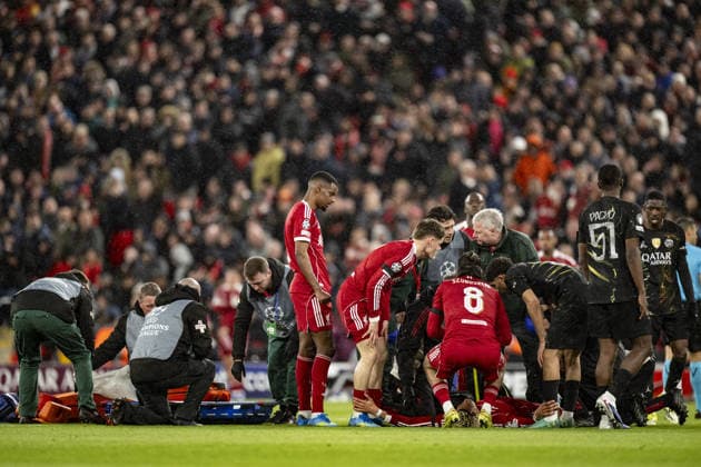 Liverpool v Paris Saint-Germain - UEFA Champions League 2025 26 LIVERPOOL, ENGLAND- APRIL 14: Hugo Ekitike of Liverpool injured during a UEFA Champions League 2025 26 match between Liverpool and Paris Saint-Germain in Liverpool on April 14, 2026 (Photo by Will Palmer Sports Press Photo) LiverpoolUnited Kingdom  Copyright: xWillxPalmer SportsxPressxPhotox