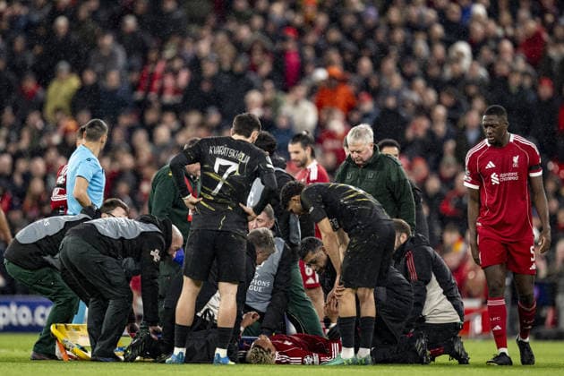 Liverpool v Paris Saint-Germain - UEFA Champions League 2025 26 LIVERPOOL, ENGLAND- APRIL 14: Hugo Ekitike of Liverpool injured during a UEFA Champions League 2025 26 match between Liverpool and Paris Saint-Germain in Liverpool on April 14, 2026 (Photo by Will Palmer Sports Press Photo) LiverpoolUnited Kingdom  Copyright: xWillxPalmer SportsxPressxPhotox
