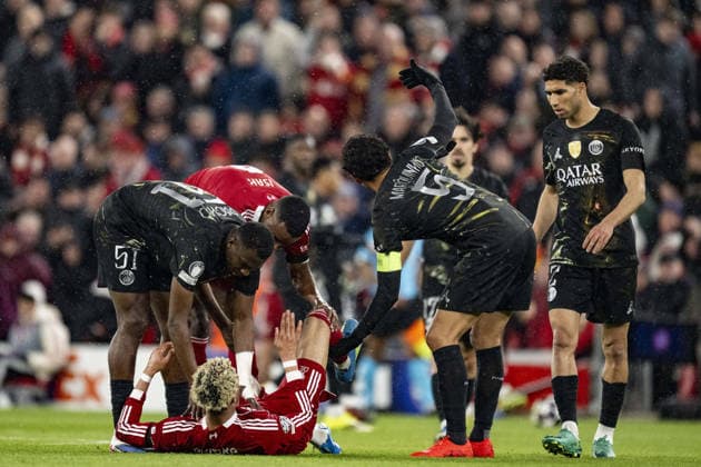 Liverpool v Paris Saint-Germain - UEFA Champions League 2025 26 LIVERPOOL, ENGLAND- APRIL 14: Hugo Ekitike of Liverpool injured during a UEFA Champions League 2025 26 match between Liverpool and Paris Saint-Germain in Liverpool on April 14, 2026 (Photo by Will Palmer Sports Press Photo) LiverpoolUnited Kingdom  Copyright: xWillxPalmer SportsxPressxPhotox