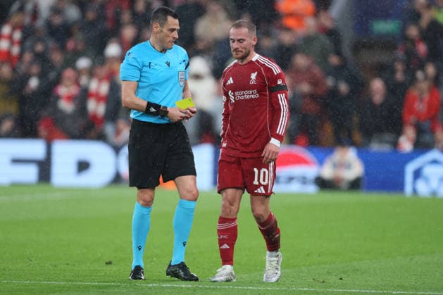 Liverpool FC v Paris Saint-Germain FC - UEFA Champions League 2025 26 Quarter-Final Second Leg Alexis Mac Allister of Liverpool is shown a Yellow card and booked by referee Maurizio Mariani during the UEFA Champions League 2025 26 Quarter-Final Second Leg match between Liverpool FC and Paris Saint-Germain FC at Anfield on April 14, 2026 in Liverpool, England. WARNING! This Photograph May Only Be Used For Newspaper And Or Magazine Editorial Purposes. May Not Be Used For Publications Involving 1 player, 1 Club Or 1 Competition Without Written Authorisation From Football DataCo Ltd. For Any Queries, Please Contact Football DataCo Ltd on +44 (0) 207 864 9121 Liverpool Anfield England United Kingdom Copyright: xAllstarxPicturexLibraryxLtdx