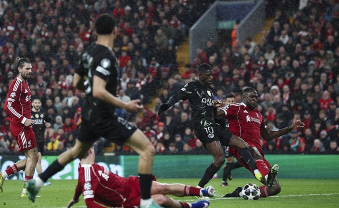 Liverpool v PSG, UEFA Champions League, Quater Final, 2nd Leg 14.04.26 Liverpool v PSG, UEFA Champions League, Quater Final, 2nd Leg Bradley Ormesher The Times Ibrahima Konaté of Liverpool tackles Ousmane Dembélé of PSG  Copyright: xBradleyxOrmesherx NINTCHDBPICT001073548694