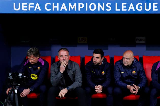 UEFA champions league - Atletico de Madrid vs FC Barcelona, Barca MADRID,SPAIN - 14 April:Head coach of Barcelona Hansi Flick during the UEFA Champions League 2025 26 Quarter-Final second Leg match between Atletico de Madrid and FC Barcelona at Riyadh Air Metropolitano Stadium. (Photo by Guille Martinez f22photo) Madrid Riyadh Air Metropolitano Stadium Spain Copyright: xGuillermoxMartinezx