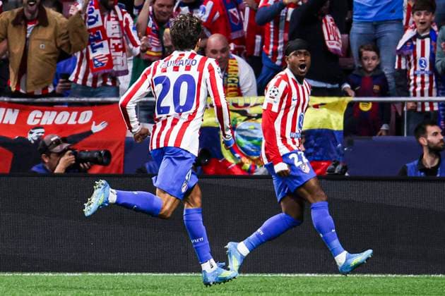 UEFA Champions League quarterfinal second leg soccer match Atletico Madrid vs FC Barcelona, Barca at Riyadh Air Metropolitano stadium in Madrid, Spain. 14 April 2026 Lookman celebrates a goal 900 Cordon Press  900 CordonxPress LOF - Champions League Atletico Madrid vs FC Barcelona