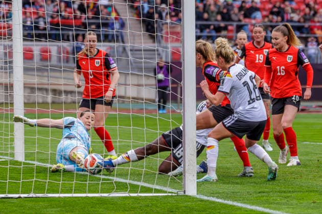 Nuremberg, Germany March 14, 2026 Womens World Cup qualification Germany vs. Austria In the picture 3 from left scorer Nicole Anyomi GER makes the goal to 1 0 DFB regulations prohibit any use of photographs as image sequences and or quasi video Max Morlock Stadion Bayern Copyright: xFotostandx xSchäferx