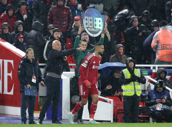 Liverpool, England, 14th April 2026. Cody Gapko of Liverpool comes on at the start of the second half during the Liverpool vs Paris Saint Germain UEFA Champions League quarter final 2nd leg match at Anfield, Liverpool. Picture credit should read: Jessica Hornby Sportimage EDITORIAL USE ONLY. No use with unauthorised audio, video, data, fixture lists, club league logos or live services. Online in-match use limited to 120 images, no video emulation. No use in betting, games or single club league player publications. SPI_084_JH_Liverpool_PSG SPI-4687-0084