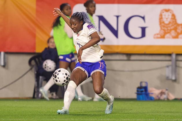 2026-04-14 Netherlands v France - UEFA Women s European Qualifiers - League Phase - Matchday 3 BREDA, NETHERLANDS - APRIL 14: Kadidiatou Diani of France shoots the ball during the UEFA Women s European Qualifiers - League Phase - Matchday 3 match between Netherlands and France at Rat Verlegh Stadion on April 14, 2026 in Breda, Netherlands. Breda Rat Verlegh Stadion Netherlands Content not available for redistribution in The Netherlands directly or indirectly through any third parties. Copyright: xHansxvanxderxValkx