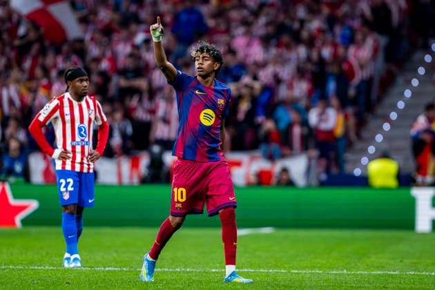 Atletico de Madrid v FC Barcelona, Barca - UEFA Champions League 2025 26 Quarter-Final Second Leg MADRID, SPAIN - APRIL 14: Lamine Yamal of FC Barcelona celebrates a goal during the UEFA Champions League 2025 26 Quarter-Final Second Leg match between Atletico de Madrid and FC Barcelona at Estadio Riyadh Air Metropolitano on April 14, 2026 in Madrid, Spain. Madrid Estadio Riyadh Air Metropolitano Madrid Spain Copyright: xAlbertoxGardinx AGardin_20260414_Foot_Champ_Atl_Mad_Bar_16