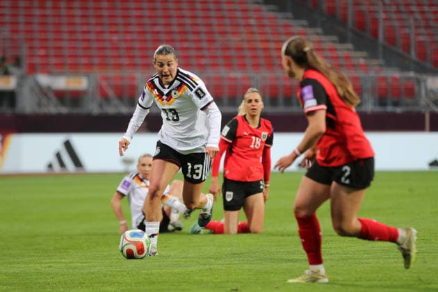 14 04 2026 Soccer Women 2025 2026 World Cup Qualification Europe 3 Matchday Germany Austria Max Morlock Stadium Nuremberg Carlotta Wamser Germany, 13, white on the ball Nuremberg Bavaria Germany