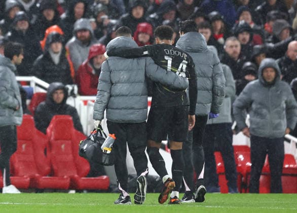 Liverpool, England, 14th April 2026. Desire Doue of Paris Saint-Germain leaves the game injured during the Liverpool vs Paris Saint Germain UEFA Champions League quarter final 2nd leg match at Anfield, Liverpool. Picture credit should read: Jessica Hornby Sportimage EDITORIAL USE ONLY. No use with unauthorised audio, video, data, fixture lists, club league logos or live services. Online in-match use limited to 120 images, no video emulation. No use in betting, games or single club league player publications. SPI_087_JH_Liverpool_PSG SPI-4687-0087