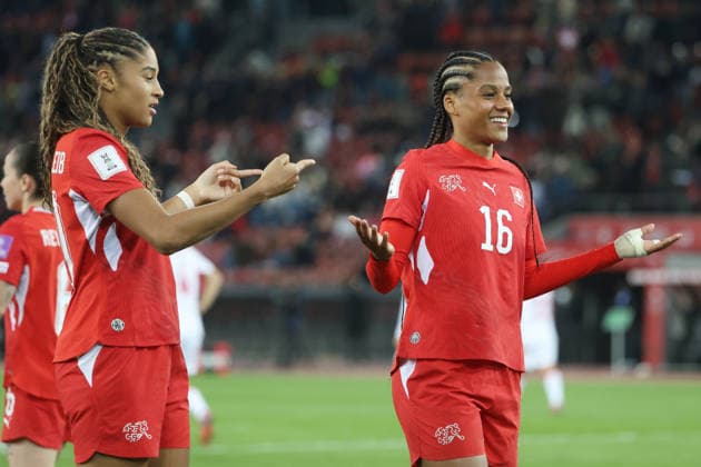 Women Switzerland Turkey Goal celebration Sydney Schertenleib Aurelie Csillag Switzerland 14 04 2026 Stadium Letzigrund Zuerich, SWITZERLAND, Season 2025 2026 Women National Football Team World Cup Qualification Switzerland Turkey Goal celebration Sydney Schertenleib Aurelie Csillag Switzerland after scoring 1 0