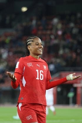 Women Switzerland Turkey Goal celebration Aurelie Csillag Switzerland 14 04 2026 Stadium Letzigrund Zuerich, SWITZERLAND, Season 2025 2026 Women National Soccer Team World Cup Qualification Switzerland Turkey Goal celebration Aurelie Csillag Switzerland after scoring 1 0