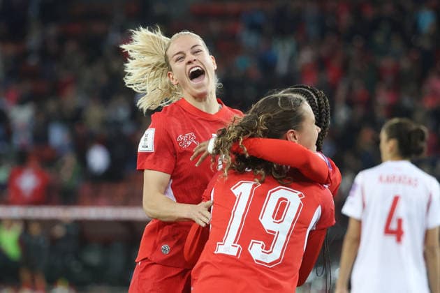 Women Switzerland Turkey Goal celebration Nadine Riesen Iman Beney Switzerland 14 04 2026 Stadium Letzigrund Zuerich, SWITZERLAND, Season 2025 2026 Women National Soccer Team World Cup Qualification Switzerland Turkey Goal celebration Nadine Riesen Iman Beney Switzerland after the goal to 2 1