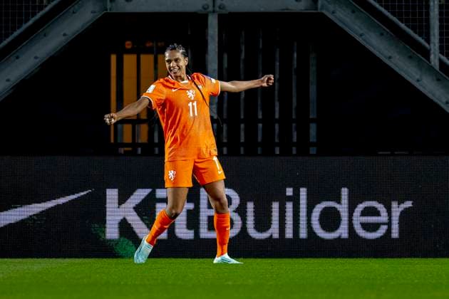 BREDA Netherlands player Esmee Brugts scores the 2 1 and celebrates the goal during the European qualifying match between the Netherlands and France at Rat Verlegh Stadium on April 14 in Breda, the Netherlands Photo by DeFodi Images