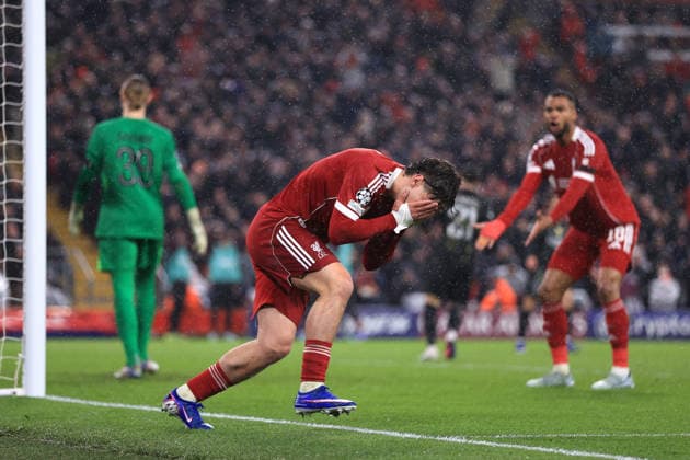 Liverpool gegen Paris Saint Germain 14. April 2026 UEFA Champions League Viertelfinale 2. Spiel Liverpool gegen Paris Saint Germain Milos Kerkez von Liverpool reagiert nach einer vergebenen Chance Foto Simon Stacpoole Abseits Liverpool UK  Copyright: xSimonxStacpoolexOffside