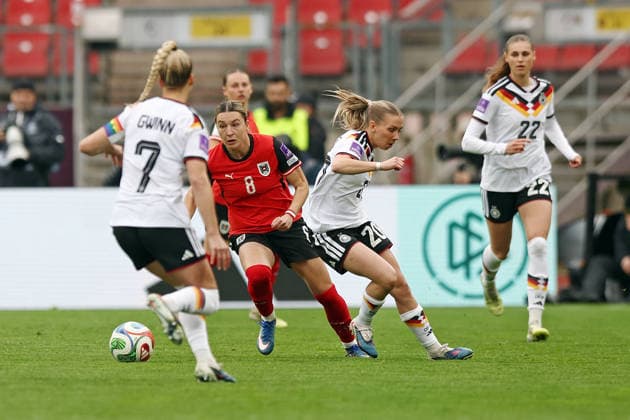 14 04 2026, xovx, Soccer Women World Cup Qualification, Germany Austria v l Giulia Gwinn Germany , Barbara Dunst Austria , Elisa Senß Germany , Jule Brand Germany Nuremberg Max Morlock Stadion Bayern Germany DE