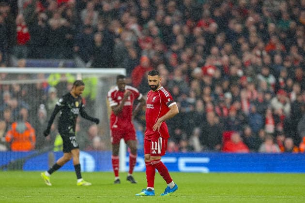 Football - UEFA Champions League - Quarter-Final - 2nd Leg - Liverpool FC v Paris Saint-Germain FC LIVERPOOL, ENGLAND - Tuesday, April 14, 2026: Liverpool s Mohamed Salah reacts to conceding the first goal of the night during the UEFA Champions League Quarter-Final 2nd Leg match between Liverpool FC and Paris Saint-Germain FC at Anfield. (Photo by David Rawcliffe Propaganda) LIVERPOOL Anfield MERSEYSIDE ENGLAND  Copyright: xDavidxRawcliffex P2026-04-14-Liverpool_PSG-99