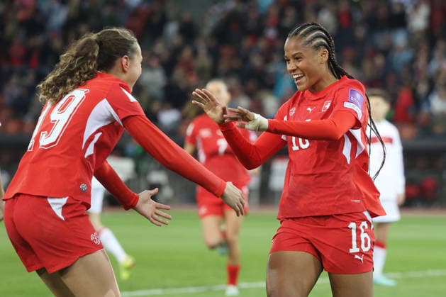 Women Switzerland Turkey Goal celebration Iman Beney Aurelie Csillag Switzerland 14 04 2026 Stadium Letzigrund Zurich, SWITZERLAND, Season 2025 2026 Women Football National Team World Cup Qualification Switzerland Turkey Goal celebration Iman Beney Aurelie Csillag Switzerland