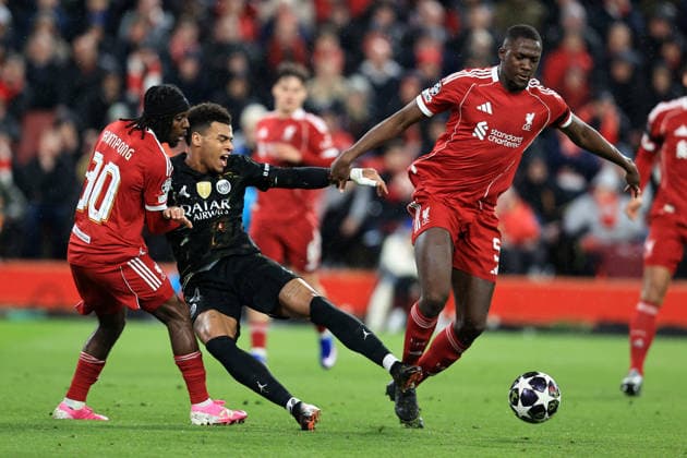RECORD DATE NOT STATED 14th April 2026; Anfield, Liverpool, Merseyside, England; UEFA Champions League Football, Liverpool versus Paris Saint Germain; Desire Doue of Paris Saint Germain competes for the ball with Ibrahima Konate of Liverpool DavidxBlunsden