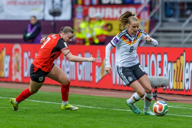Nuremberg, Germany March 14, 2026 Womens World Cup qualification Germany vs. Austria In the picture from left in duel Jennifer Klein AUT and Vivien Endemann GER DFB regulations prohibit any use of photographs as image sequences and or quasi video Max Morlock Stadion Bayern Copyright: xFotostandx xSchäferx