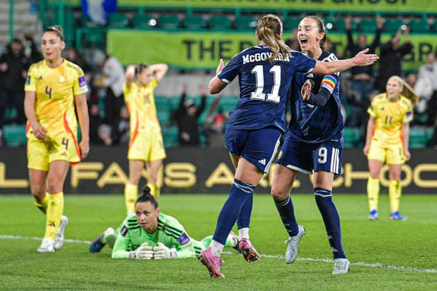 Scotland Women v Belgium Women FIFA Women s World Cup 2027 Qualifier Kathleen McGovern of Scotland Women celebrates her sides goal with Caroline Weir during the FIFA Women s World Cup 2027 Qualifier Group H match at Easter Road, Edinburgh 14 04 2026 UK Newspapers OUT Copyright: xJamiexJohnstonx FIL-23286-0121