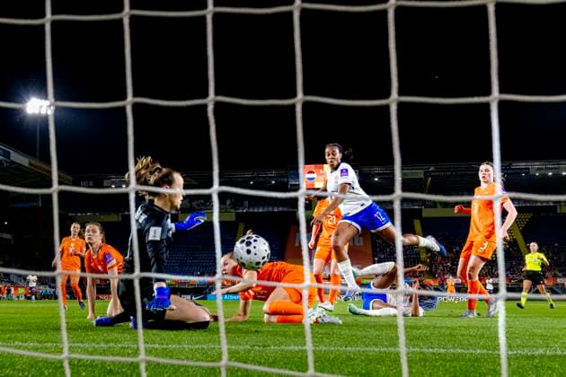 BREDA Netherlands goalkeeper Daphne van Domselaar saves the day during the European qualifying match between the Netherlands and France at Rat Verlegh Stadium on April 14 in Breda, the Netherlands Photo by DeFodi Images