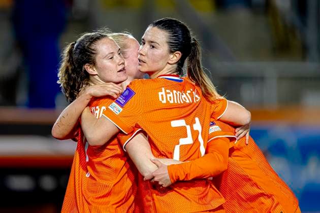 BREDA Netherlands player Damaris Egurrola celebrates the victory over France during the European qualifying match between the Netherlands and France at Rat Verlegh Stadium on April 14 in Breda, the Netherlands Photo by DeFodi Images