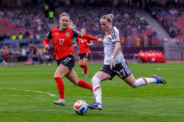 Nuremberg, Germany March 14, 2026 Womens World Cup qualification Germany vs. Austria Pictured from left in duel Annabel Schasching AUT and Vivien Endemann GER DFB regulations prohibit any use of photographs as image sequences and or quasi video Max Morlock Stadion Bayern Copyright: xFotostandx xSchäferx
