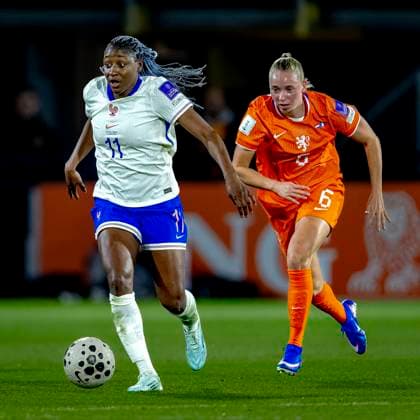 BREDA France player Kadidiatou Diani, Netherlands player Ella Peddemors during the European qualifying match between the Netherlands and France at Rat Verlegh Stadium on April 14 in Breda, the Netherlands Photo by DeFodi Images