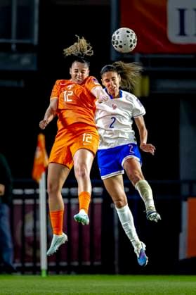 BREDA Netherlands player Chasity Grant, France player Maelle Lakrar during the European qualifying match between the Netherlands and France at Rat Verlegh Stadium on April 14 in Breda, the Netherlands Photo by DeFodi Images