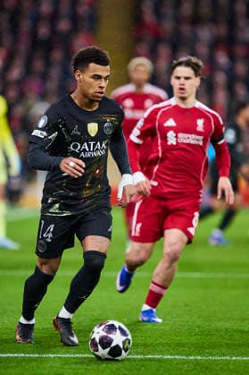 Liverpool FC v Paris Saint-Germain FC - UEFA Champions League 2025 26 Quarter-Final Second Leg LIVERPOOL, ENGLAND - APRIL 14: Desire Doue of Paris Saint-Germain FC in action during the UEFA Champions League 2025 26 Quarter-Final Second Leg match between Liverpool FC and Paris Saint-Germain FC at Anfield on April 14, 2026 in Liverpool, England. (Photo by Jose Javier Martinez Photo Players Images Magara Press) Liverpool Anfield Stadium England Copyright: xJosexJavierxMartinezx