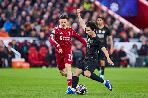 Liverpool FC v Paris Saint-Germain FC - UEFA Champions League 2025 26 Quarter-Final Second Leg LIVERPOOL, ENGLAND - APRIL 14: Vitinha of Paris Saint-Germain FC competes for the ball with Florian Wirtz of Liverpool FC during the UEFA Champions League 2025 26 Quarter-Final Second Leg match between Liverpool FC and Paris Saint-Germain FC at Anfield on April 14, 2026 in Liverpool, England. (Photo by Jose Javier Martinez Photo Players Images Magara Press) Liverpool Anfield Stadium England Copyright: xJosexJavierxMartinezx