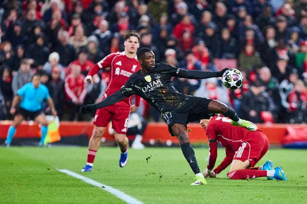 Liverpool FC v Paris Saint-Germain FC - UEFA Champions League 2025 26 Quarter-Final Second Leg LIVERPOOL, ENGLAND - APRIL 14: Ousmane Dembele of Paris Saint-Germain FC shooting to goal during the UEFA Champions League 2025 26 Quarter-Final Second Leg match between Liverpool FC and Paris Saint-Germain FC at Anfield on April 14, 2026 in Liverpool, England. (Photo by Jose Javier Martinez Photo Players Images Magara Press) Liverpool Anfield Stadium England Copyright: xJosexJavierxMartinezx