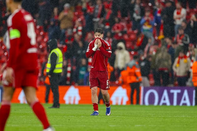 Football - UEFA Champions League - Quarter-Final - 2nd Leg - Liverpool FC v Paris Saint-Germain FC LIVERPOOL, ENGLAND - Tuesday, April 14, 2026: Liverpool s Milos Kerkez after the UEFA Champions League Quarter-Final 2nd Leg match between Liverpool FC and Paris Saint-Germain FC at Anfield. PSG won 4-0 on aggregate. (Photo by David Rawcliffe Propaganda) LIVERPOOL Anfield MERSEYSIDE ENGLAND  Copyright: xDavidxRawcliffex P2026-04-14-Liverpool_PSG-129