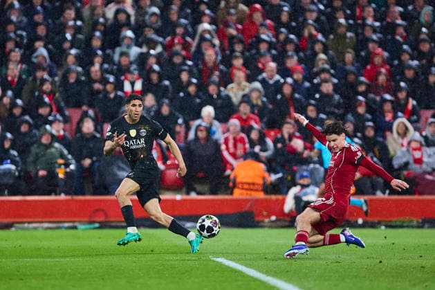 Liverpool FC v Paris Saint-Germain FC - UEFA Champions League 2025 26 Quarter-Final Second Leg LIVERPOOL, ENGLAND - APRIL 14: Milos Kerkez of Liverpool FC shooting to goal during the UEFA Champions League 2025 26 Quarter-Final Second Leg match between Liverpool FC and Paris Saint-Germain FC at Anfield on April 14, 2026 in Liverpool, England. (Photo by Jose Javier Martinez Photo Players Images Magara Press) Liverpool Anfield Stadium England Copyright: xJosexJavierxMartinezx