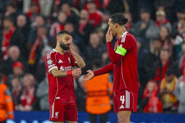 Football - UEFA Champions League - Quarter-Final - 2nd Leg - Liverpool FC v Paris Saint-Germain FC LIVERPOOL, ENGLAND - Tuesday, April 14, 2026: Liverpool s Mohamed Salah and captain Virgil van Dijk (R) react after the UEFA Champions League Quarter-Final 2nd Leg match between Liverpool FC and Paris Saint-Germain FC at Anfield. PSG won 4-0 on aggregate. (Photo by David Rawcliffe Propaganda) LIVERPOOL Anfield MERSEYSIDE ENGLAND  Copyright: xDavidxRawcliffex P2026-04-14-Liverpool_PSG-141