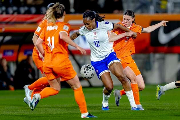 BREDA France player Marie Antoinette Katoto, Netherlands player Renee van Asten during the European qualifying match between the Netherlands and France at Rat Verlegh Stadium on April 14 in Breda, the Netherlands Photo by DeFodi Images
