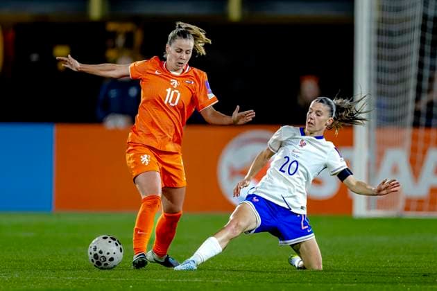 BREDA Netherlands player Victoria Pelova, France player Anaele Le Moguedec during the European qualifying match between the Netherlands and France at Rat Verlegh Stadium on April 14 in Breda, the Netherlands Photo by DeFodi Images