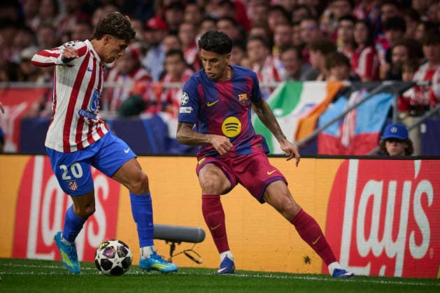 Atletico de Madrid v FC Barcelona, Barca - UEFA Champions League 2025 2026 - Quarter-final, 2nd leg Atletico de Madrid s Giuliano Simeone (l) and FC Barcelona™s Joao Cancelo during Champions League 2025 2026, quarter-final, 2nd leg, April 14 ,2026. (ALTERPHOTOS Ropero) MadridSpain  Copyright: xRoperox