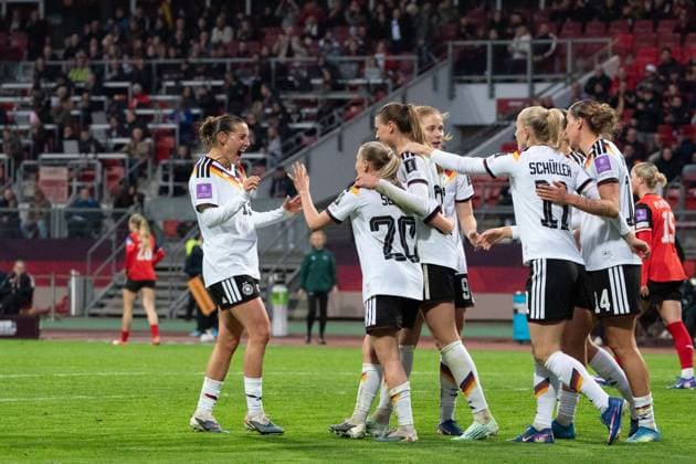 NUREMBERG, GERMANY - APRIL 14: Player of Germany celebrate the goal during the FIFA Women s World Cup Qualification match between Germany and Austria at Max-Morlock-Stadion on April 14, 2026 in Nuremberg, Germany. (Photo by Qianru Zhang Press Photo) Copyright: xQianruxZhang SPPx Sportspressphoto_SPR129743