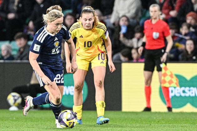 Scotland Women v Belgium Women FIFA Women s World Cup 2027 Qualifier Erin Cuthbert of Scotland Women dribbles the ball during the FIFA Women s World Cup 2027 Qualifier Group H match at Easter Road, Edinburgh 14 04 2026 UK Newspapers OUT Copyright: xJamiexJohnstonx FIL-23286-0222