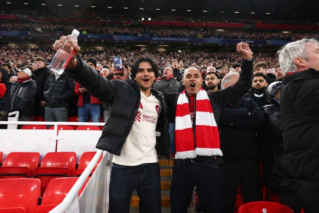 April 14, 2026, Liverpool, Merseyside, United Kingdom: LIVERPOOL FC FANS cheer for their team during the UEFA Champions League 2025 26 Quarter-final Leg 2 game between LIVERPOOL FC and PARIS SAINT-GERMAIN at the Anfield Stadium in Liverpool, England. PSG won this game 2:0 and reaches the Semi-final with a score of 4:0 on aggregate, Soccer 2026: Champions League: Liverpool 0:2 PSG  - ZUMAc179 20260414_zep_c179_068 Copyright: xMickaelxChavetx