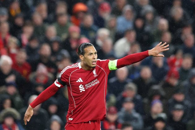 Liverpool, England, 14th April 2026. Virgil van Dijk of Liverpool reacts during the Liverpool vs Paris Saint Germain UEFA Champions League quarter final 2nd leg match at Anfield, Liverpool. Picture credit should read: Jessica Hornby Sportimage EDITORIAL USE ONLY. No use with unauthorised audio, video, data, fixture lists, club league logos or live services. Online in-match use limited to 120 images, no video emulation. No use in betting, games or single club league player publications. SPI_136_JH_LIVERPOOL_PSG SPI-4687-0136